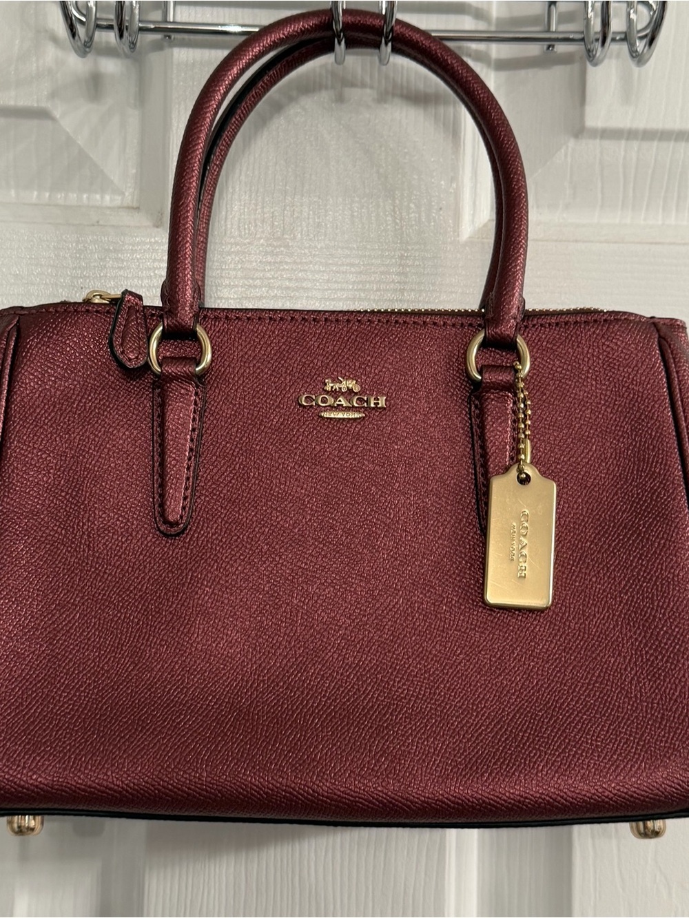 Coach Mini Bennett Satchel F87247 Burgundy Metallic Crossgrain Leather Gold